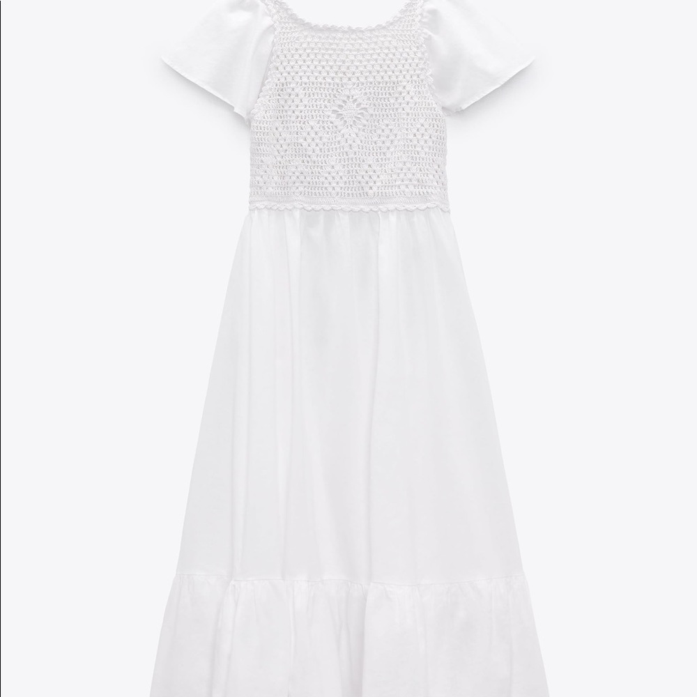 ZARA NEW WOMAN LONG CROCHET LINEN BLEND DRESS RUFFLED HEM WHITE SZ MED 7200/115 - Picture 5 of 7